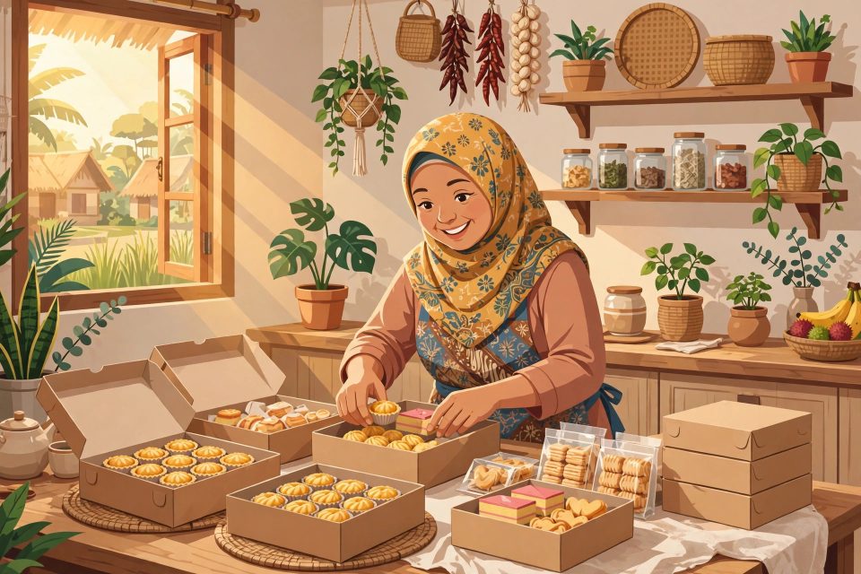 Ibu rumah tangga di desa mengemas kue rumahan untuk dijual