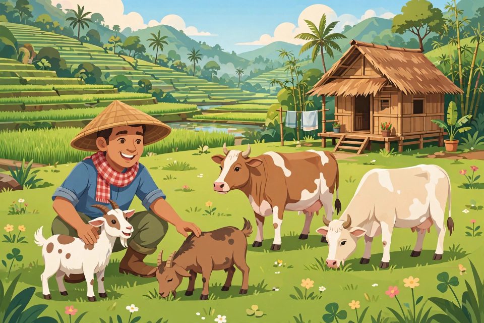 Peternak desa merawat sapi dan kambing di padang rumput hijau