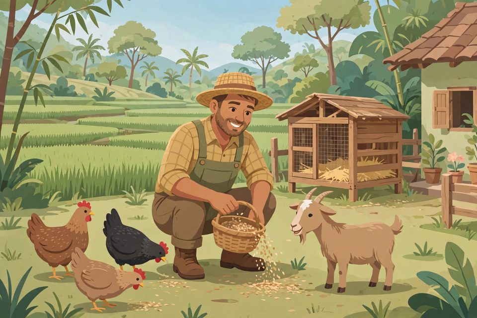 Peternak desa memberi makan ayam kampung dan kambing di halaman rumah pedesaan