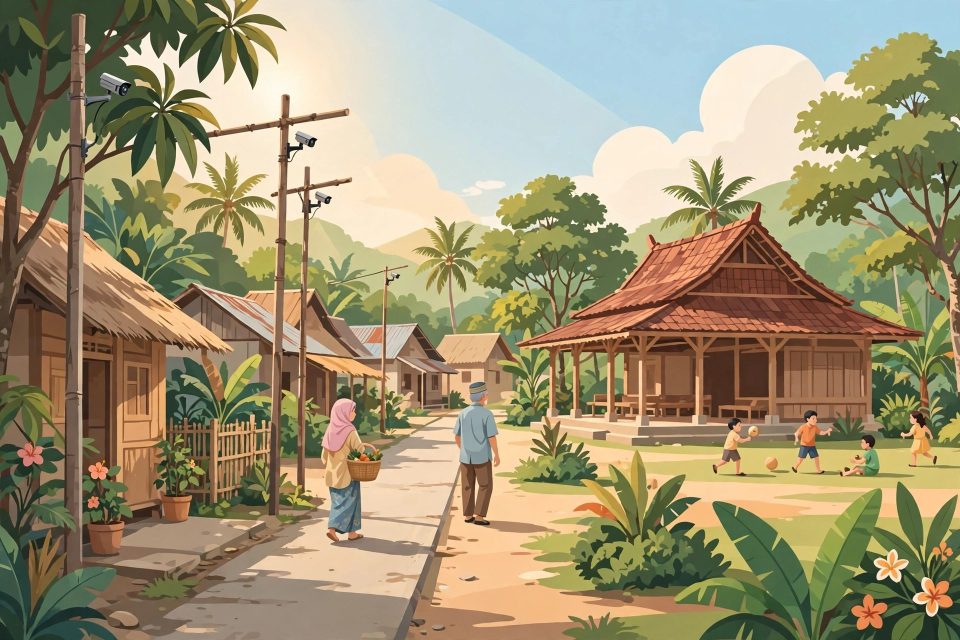 Ilustrasi jalan desa yang aman dengan kamera CCTV di tiang dan balai desa