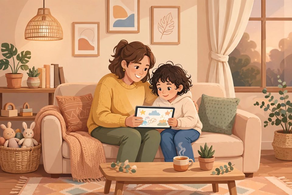 Orang tua dan anak bersama melihat tablet dengan aman di rumah