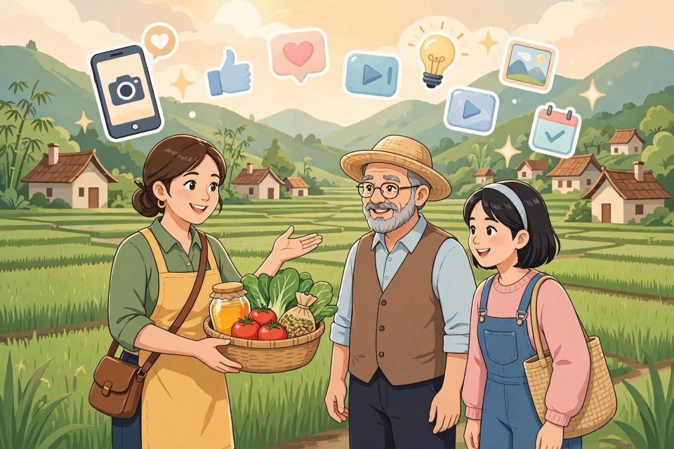 Pelaku usaha desa memperkenalkan produk lokal kepada warga dengan bantuan ponsel
