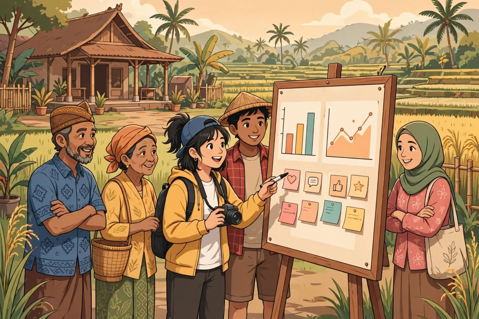Ilustrasi warga desa dan kreator konten menganalisis data dan strategi konten