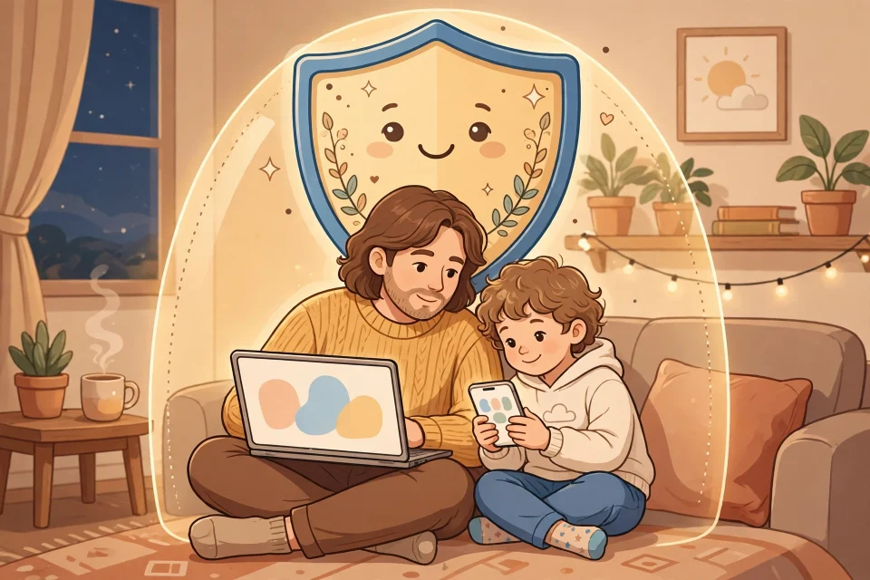 Orang tua dan anak menggunakan perangkat digital dengan aman di bawah perlindungan