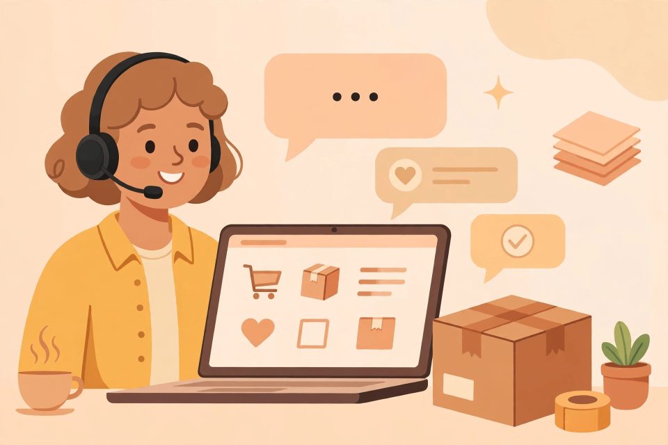 Ilustrasi petugas layanan pelanggan yang ramah membantu pembeli online lewat laptop