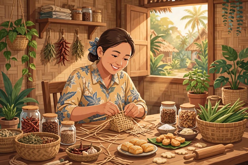Ibu rumah tangga di desa membuat kerajinan tangan dan camilan rumahan