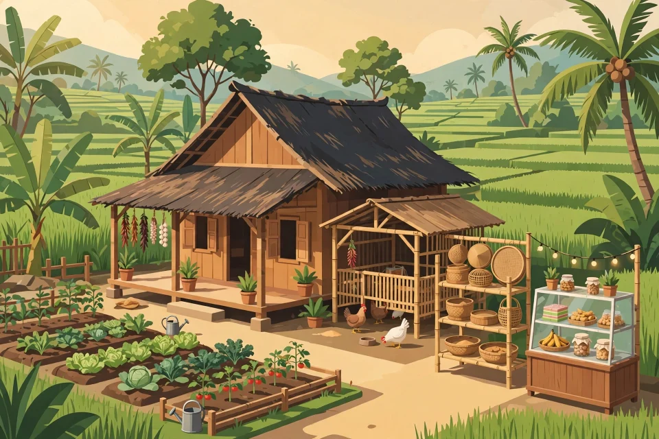 Ilustrasi usaha rumahan di pedesaan dengan kebun, kerajinan, dan etalase makanan rumahan