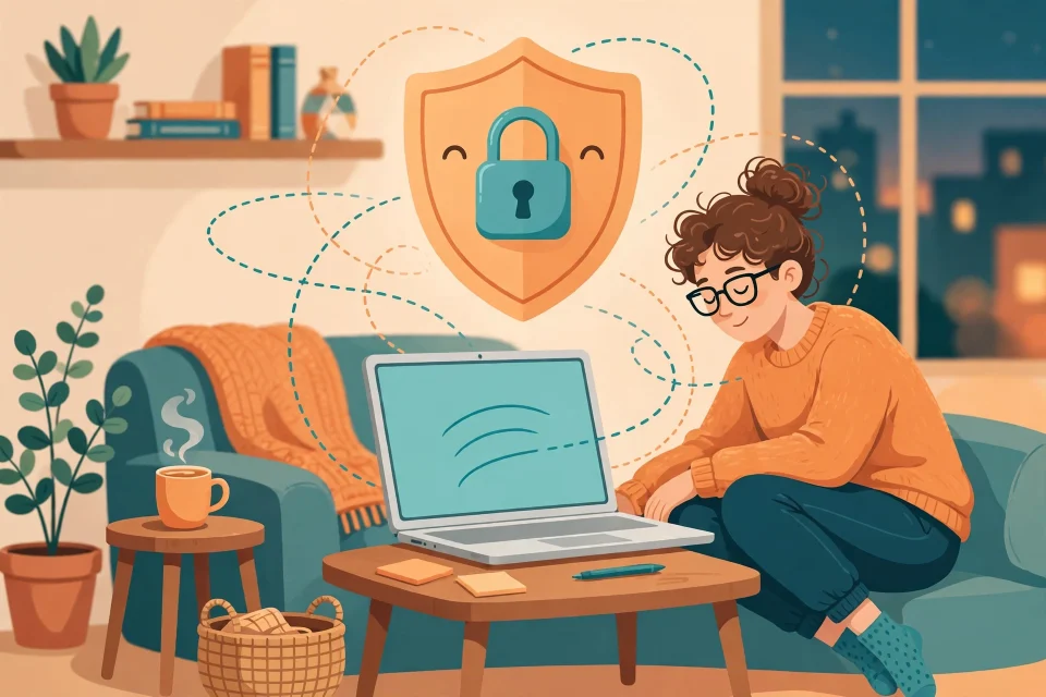 Ilustrasi seseorang memakai laptop dengan aman berkat perlindungan VPN