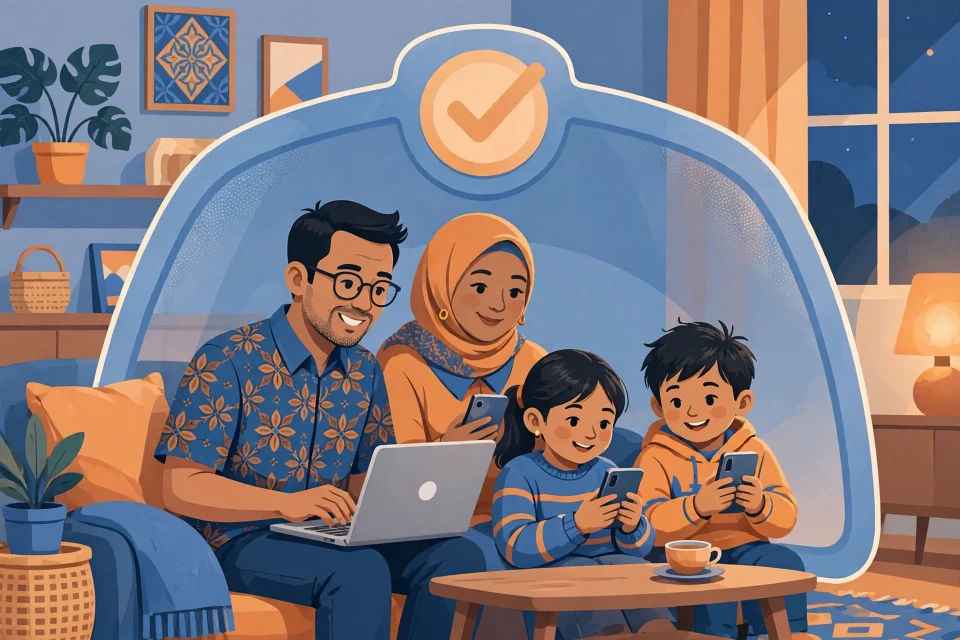 Ilustrasi keluarga Indonesia yang aman berinternet dengan perisai pelindung