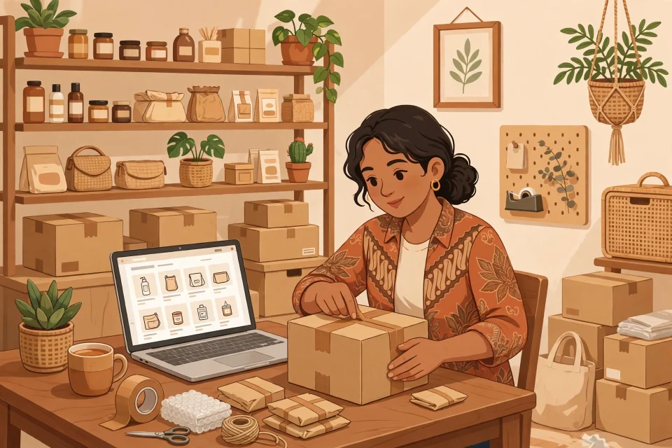 Ilustrasi pemilik toko online sedang mengemas paket di ruang kerja rumahan
