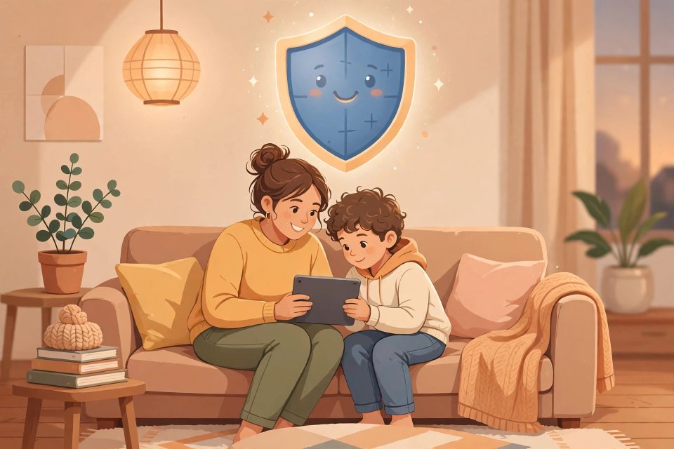 Orang tua dan anak menggunakan tablet bersama dengan aman di rumah