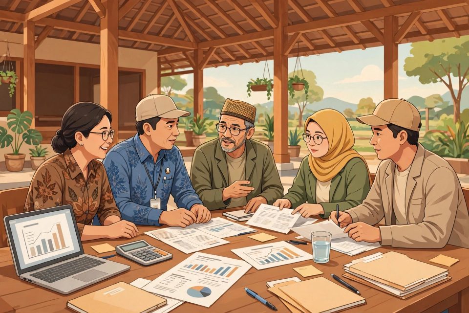 Perangkat desa dan warga membahas pengelolaan keuangan desa di balai desa