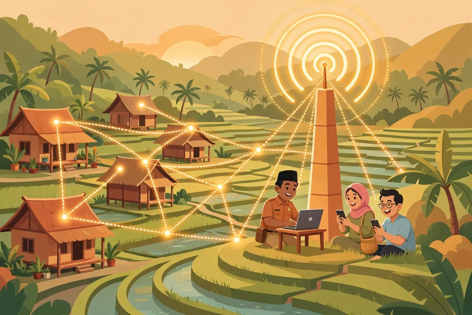 Ilustrasi desa yang terhubung internet dengan menara wifi
