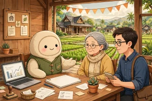Ilustrasi pendamping desa membantu warga di kantor desa