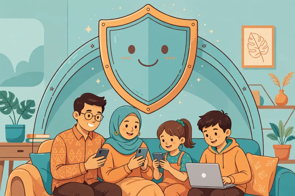 Keluarga berinternet dengan aman dilindungi perisai digital