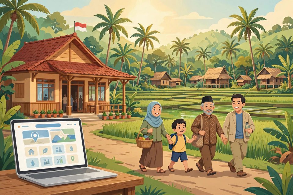 Ilustrasi kantor desa dengan laptop menampilkan website desa di tengah sawah dan rumah warga