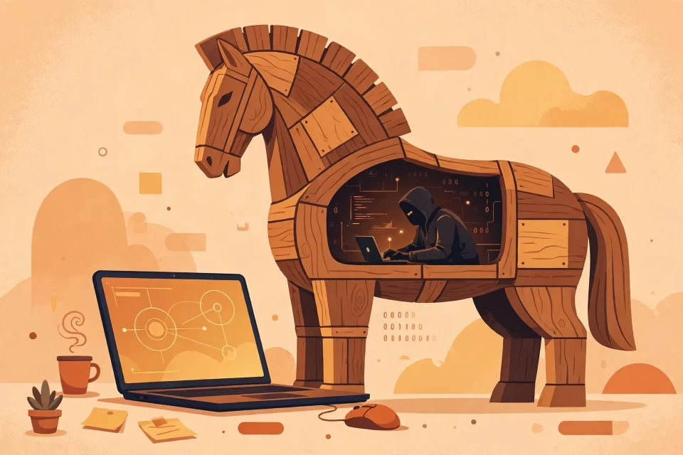 Ilustrasi kuda kayu troya di depan laptop sebagai simbol malware Trojan Horse