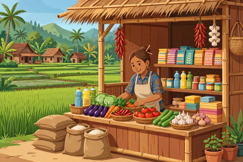 Ilustrasi warung kecil di desa dengan penjual ramah dan hasil bumi