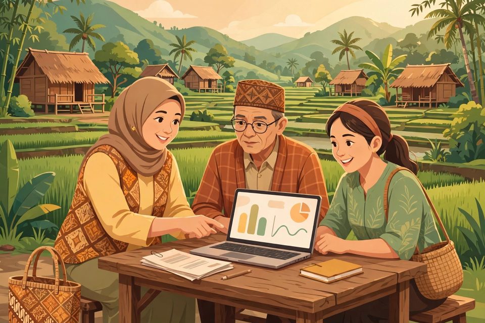 Pendamping desa mendampingi warga desa dengan laptop di tengah sawah