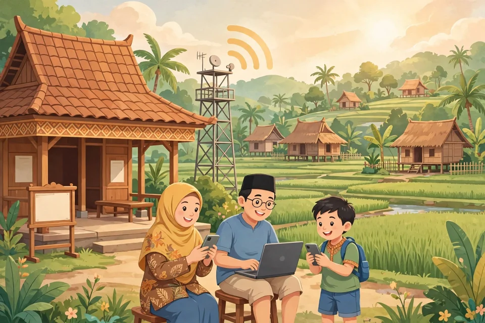 Ilustrasi desa digital Indonesia, warga desa menggunakan teknologi di tengah sawah dan rumah desa