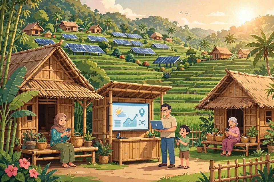 Ilustrasi desa mandiri digital yang sejahtera dengan teknologi