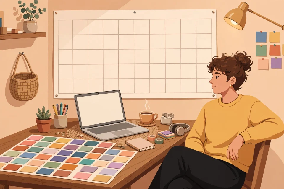 Ilustrasi kreator konten menyusun kalender konten di meja kerja