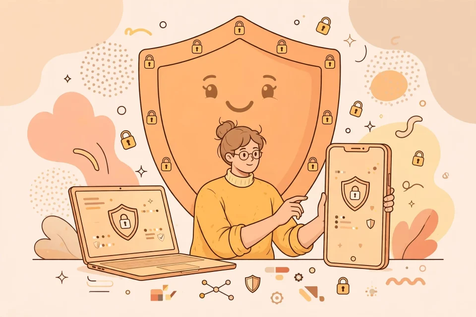 Ilustrasi seseorang melindungi data pribadi di ponsel dan laptop dengan perisai keamanan