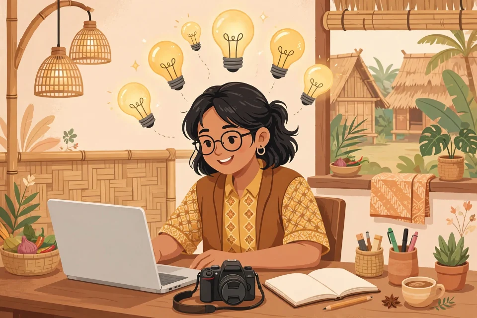 Ilustrasi kreator konten pemula yang sedang membuat konten menarik di depan laptop