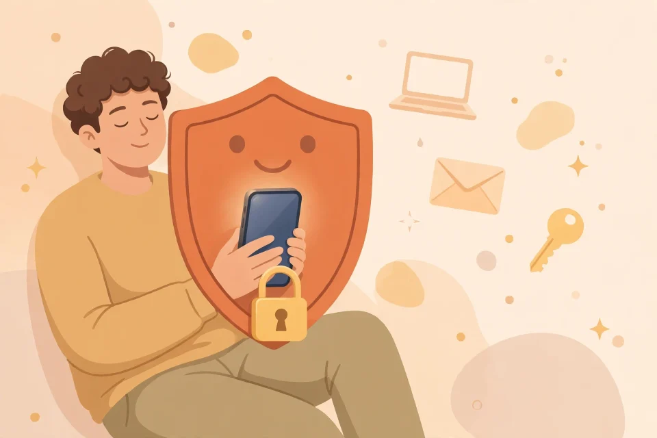 Ilustrasi seseorang melindungi ponselnya dengan perisai dan gembok, simbol menjaga privasi data pribadi