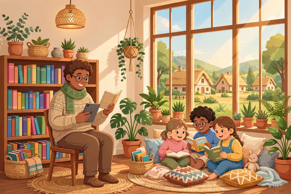 Ilustrasi perpustakaan digital desa dengan warga membaca buku dan tablet