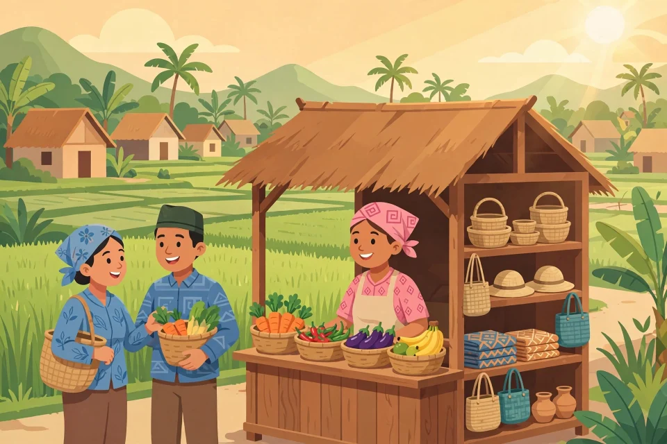 Ilustrasi usaha kecil di desa dengan warung, hasil pertanian, dan kerajinan tangan