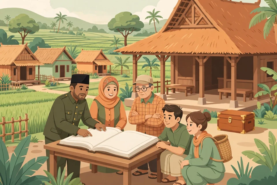 Perangkat desa dan warga memeriksa buku kas desa di balai desa