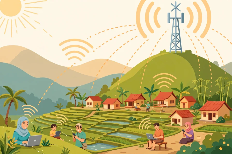 Ilustrasi desa dengan menara sinyal dan warga yang terhubung internet