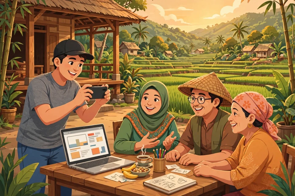 Ilustrasi komunitas kreator konten desa yang berkolaborasi membuat konten digital