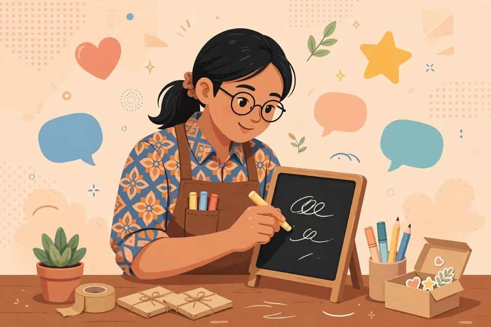 Ilustrasi pelaku usaha kecil menulis pesan merek yang sederhana dan jelas