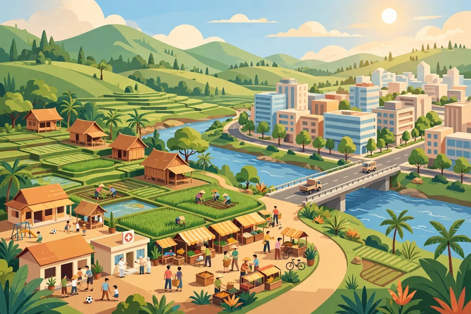 Ilustrasi desa dan kota yang terhubung pembangunan yang merata