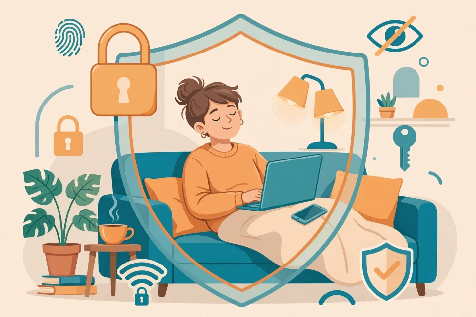 Ilustrasi seseorang yang terlindungi perisai privasi digital saat menggunakan laptop dan ponsel