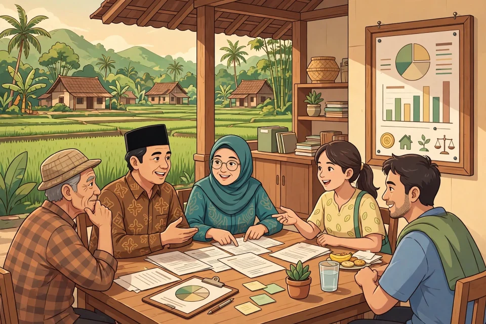 Ilustrasi perangkat desa dan warga berdiskusi terbuka tentang pengelolaan desa