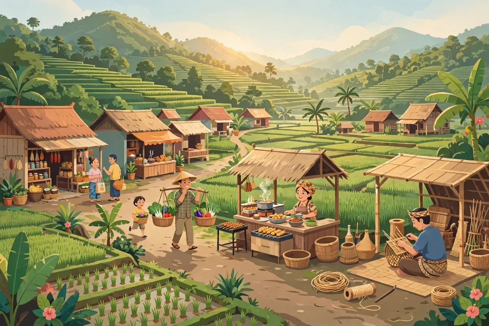 Ilustrasi usaha menguntungkan di desa: warung, sawah, dan warga yang berjualan hasil desa
