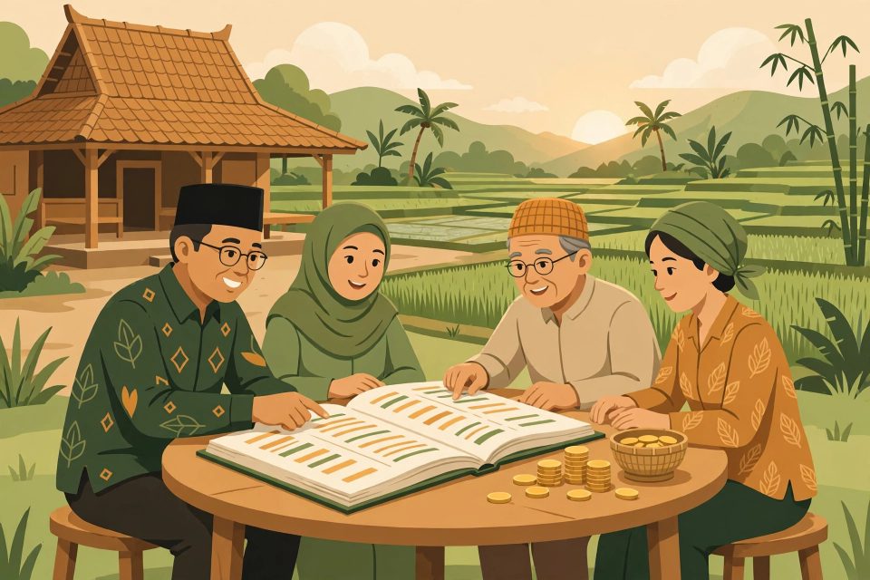 Perangkat desa dan warga memeriksa buku kas keuangan desa secara terbuka di balai desa