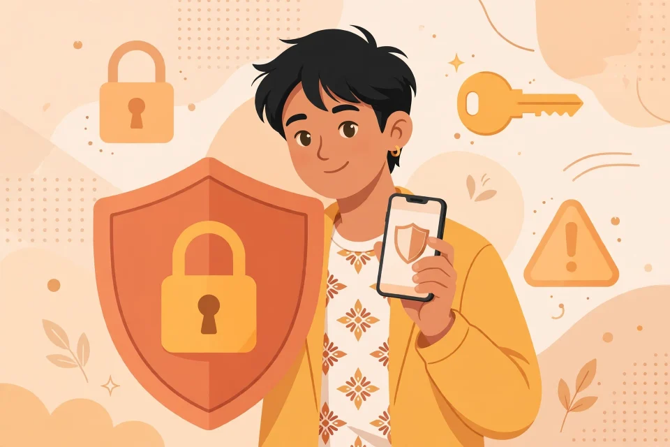 Ilustrasi seseorang melindungi privasi online dengan perisai dan gembok digital