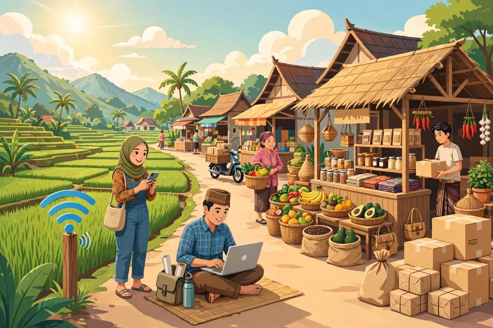 Warga desa menggunakan ponsel dan laptop untuk usaha online di tengah sawah dan pasar desa