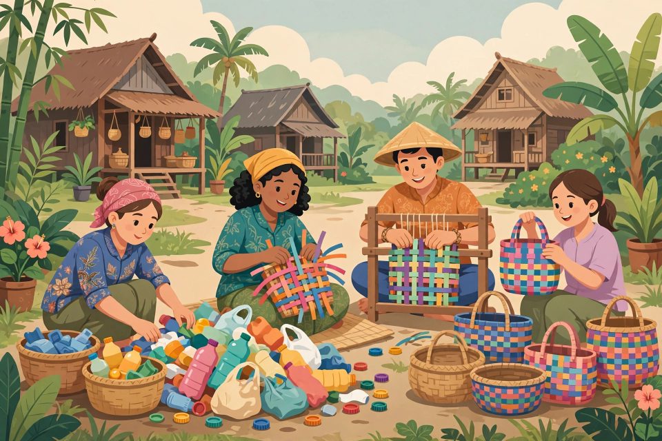 Warga desa menganyam limbah plastik menjadi tas dan keranjang warna-warni