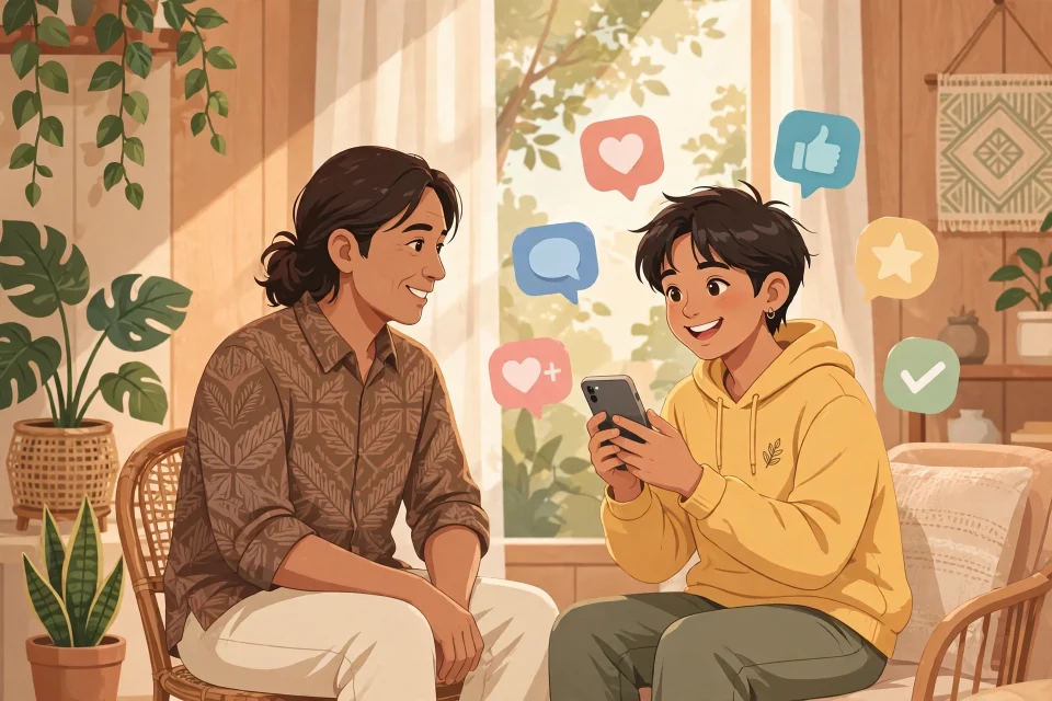 Remaja tersenyum memegang ponsel dengan suasana media sosial yang sehat dan positif