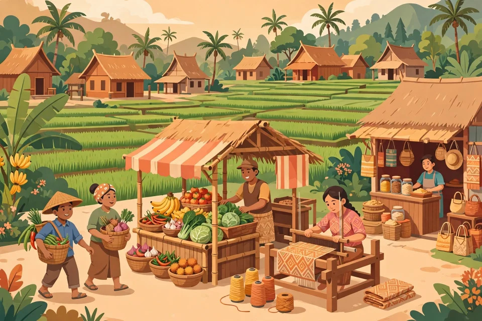 Ilustrasi peluang usaha di desa: pasar desa, pertanian, dan kerajinan