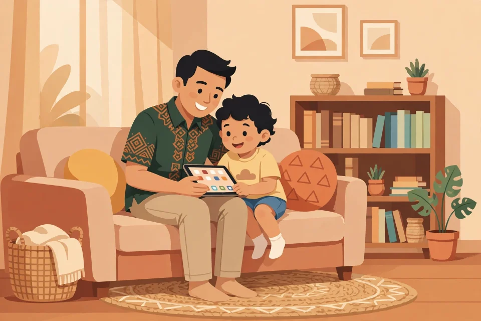 Orang tua dan anak tersenyum bersama melihat tablet di ruang keluarga