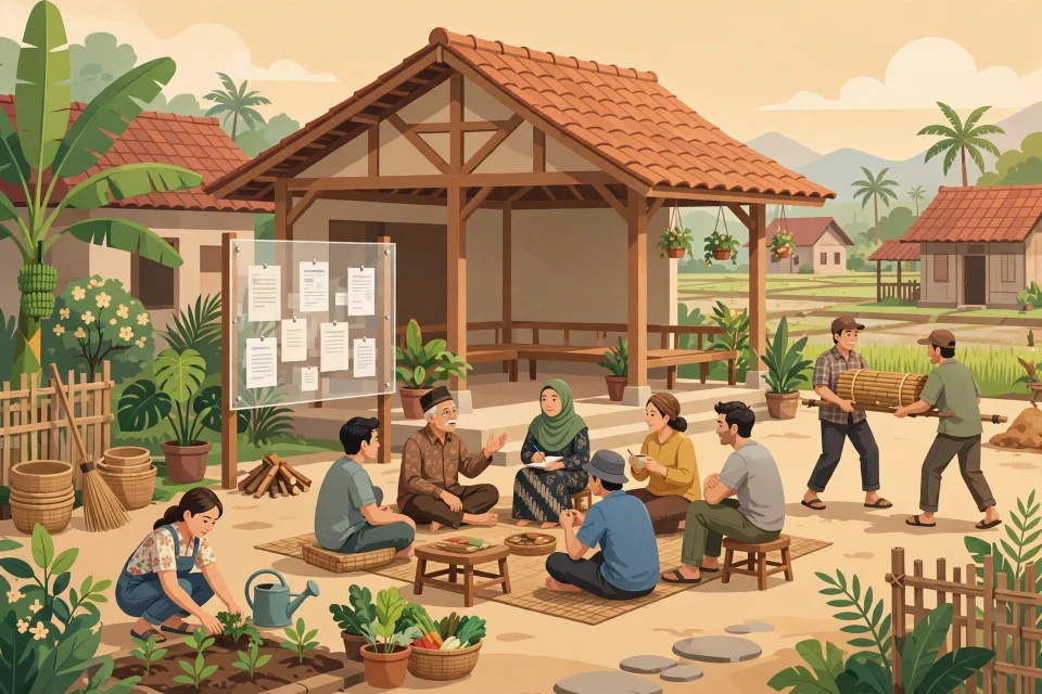 Warga desa bermusyawarah di balai desa yang terbuka dengan papan informasi yang transparan