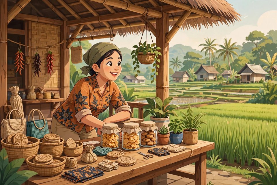 Ilustrasi usaha rumahan di desa dengan kerajinan dan hasil olahan di beranda rumah