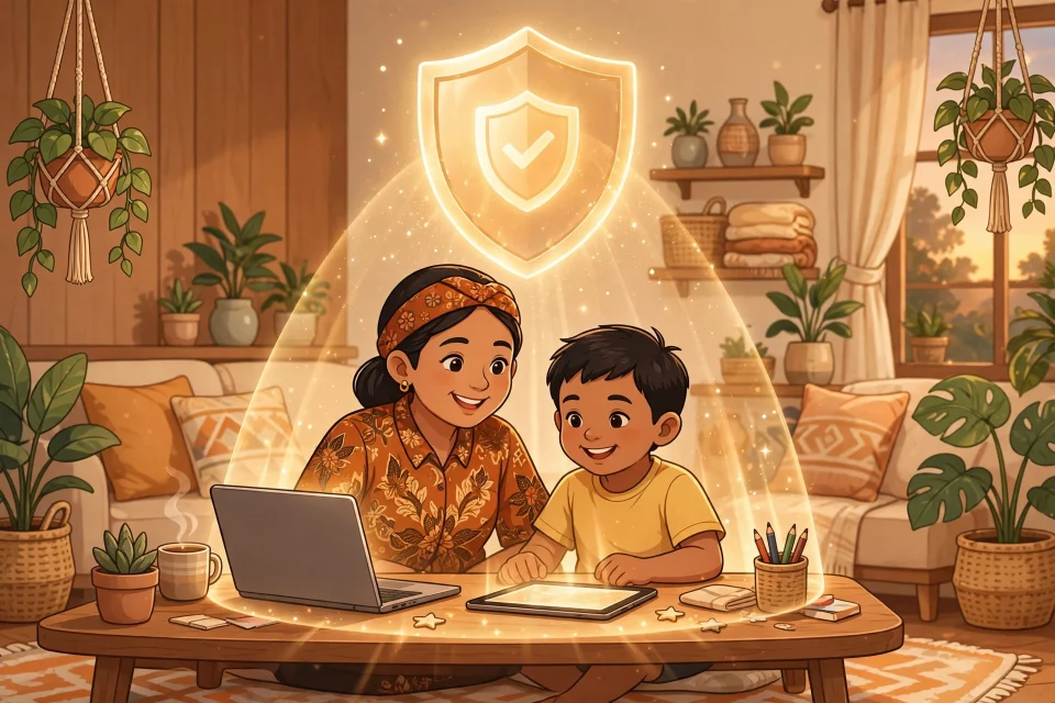 Orang tua dan anak belajar internet dengan aman di rumah, dilindungi perisai keamanan digital
