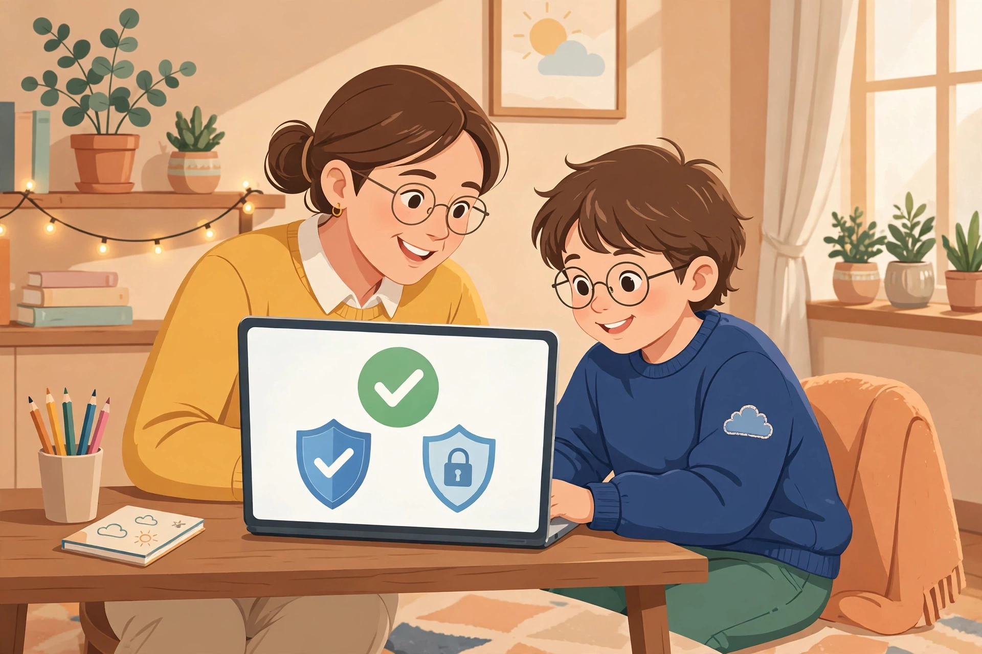 Orang tua dan anak belajar internet aman bersama di depan komputer